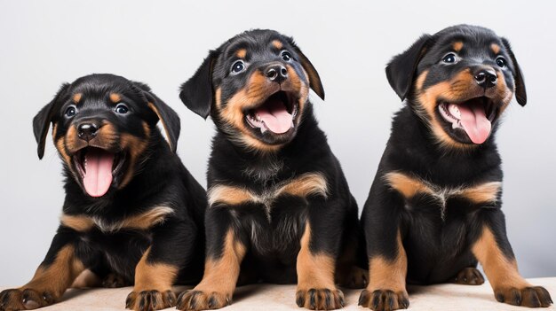 Quelques adorables chiots Rottweiler excités sur fond minimaliste AI générative