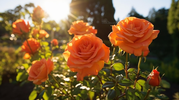 Quelques belles roses orange dans le jardin au soleil