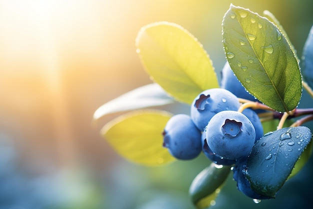 Quelques bleuets sur une branche au lever du soleil