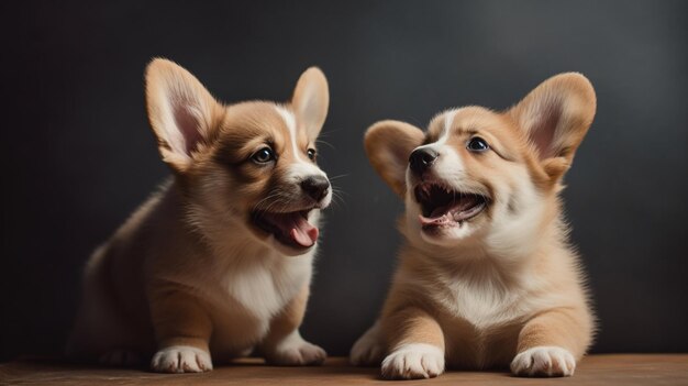 Quelques chiots corgi excités mignons sur un fond minimaliste AI générative