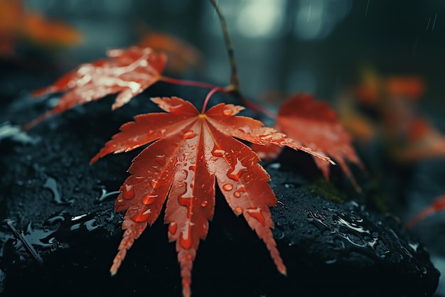 Quelques feuilles jaunes d'automne un jour de pluie avec des gouttes d'eau dessus