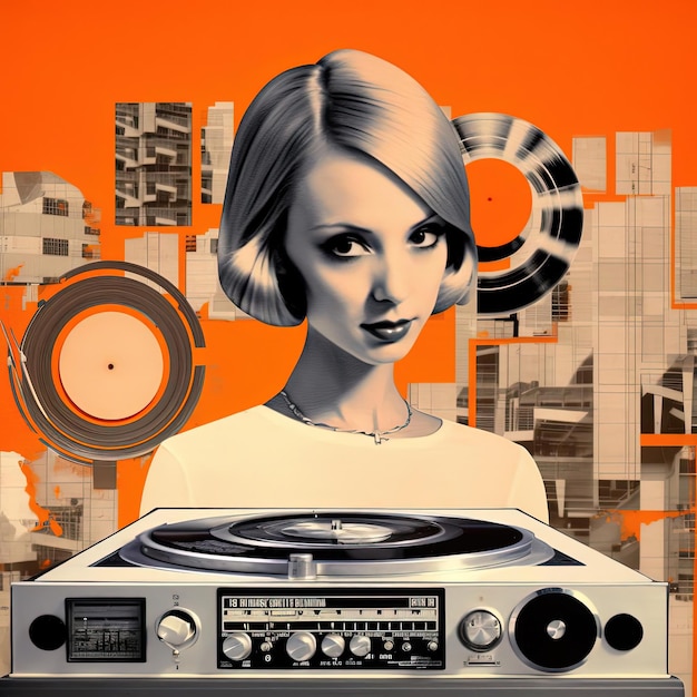 quelques images d'une femme et de platines d'enregistrement dans le style du collage pop art