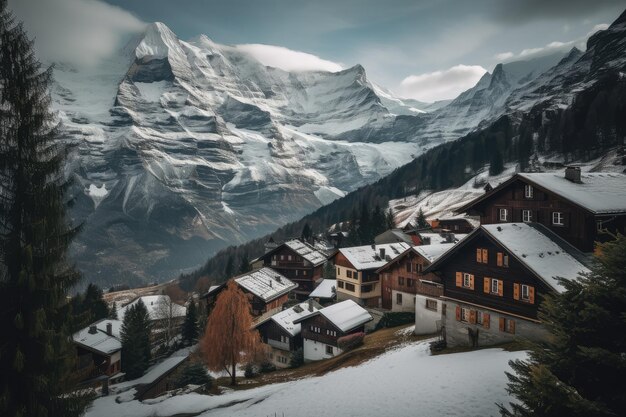 Quelques maisons en bois au milieu d'une grande montagne