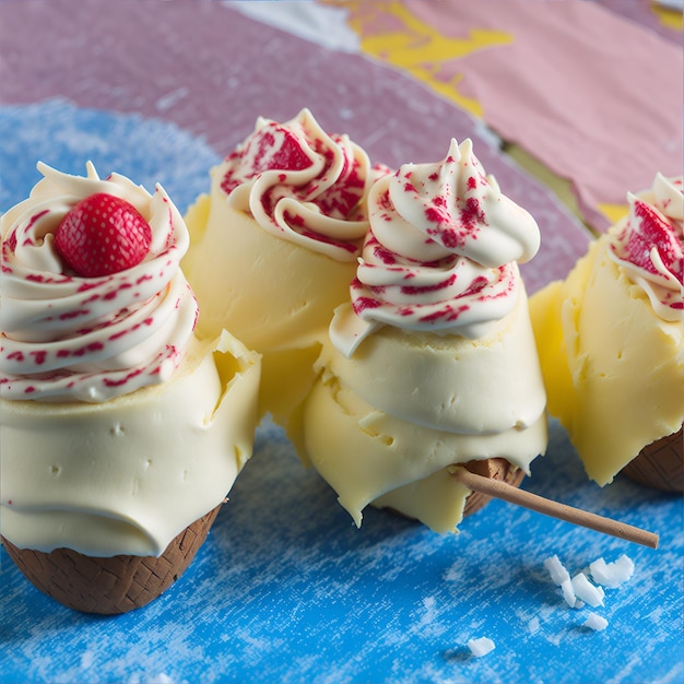 Quelques mini gâteaux avec un glaçage blanc et une framboise sur le dessus.