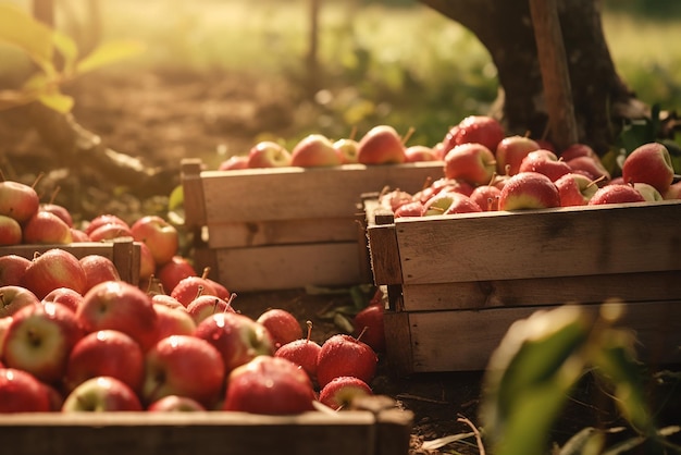 Quelques paniers de pommes fraîches dans un verger