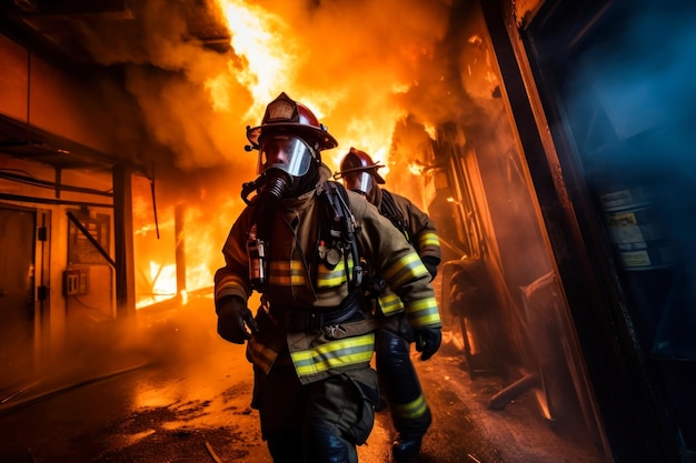 Quelques pompiers marchant vers un incendie