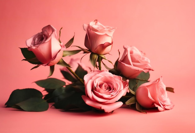 Quelques roses roses sont disposées sur un fond rose