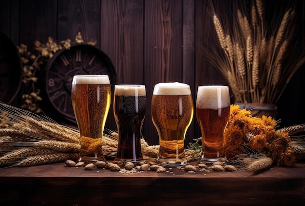 quelques verres de bière, du houblon et du blé sur un fond de table en bois