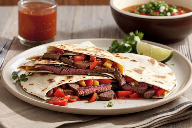 Quesadilla de boeuf à la tomate sur une assiette blanche