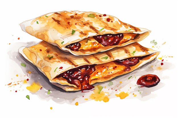 Photo quesadilla mexicaine à l'aquarelle avec de la viande hachée et des légumes sur fond blanc