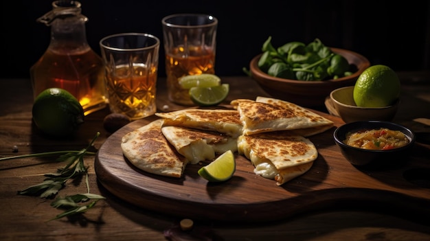 Quesadillas au fromage sur planche de bois avec de la tequila et de la sauce