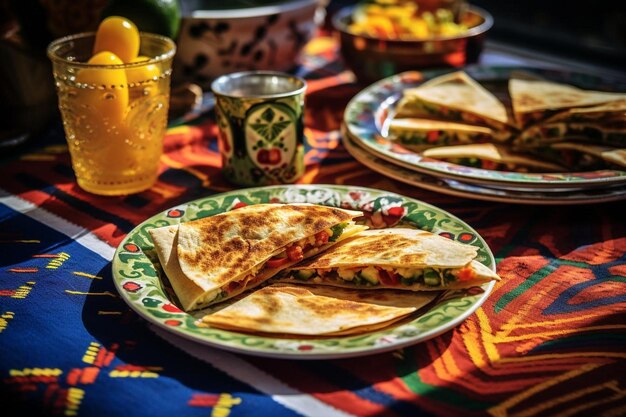 Les quesadillas servies sur des assiettes colorées pour en améliorer la saveur