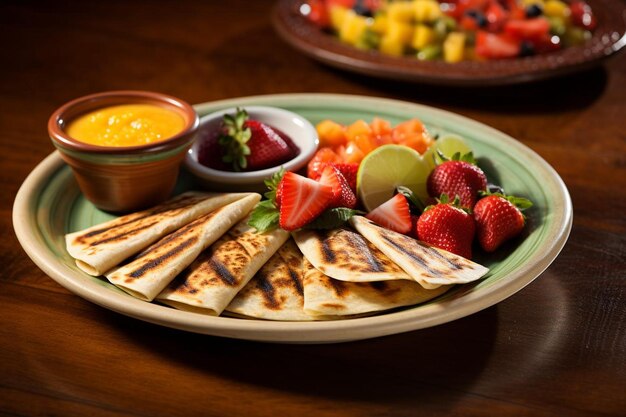 Quesadillas servies avec du riz mexicain et du réfrigéré