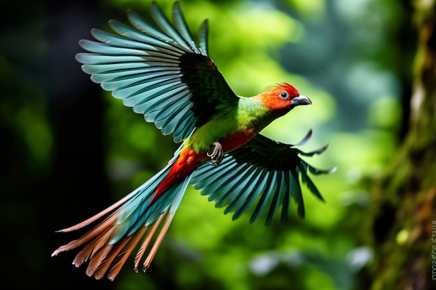 Le quetzal rouge et vert en vol