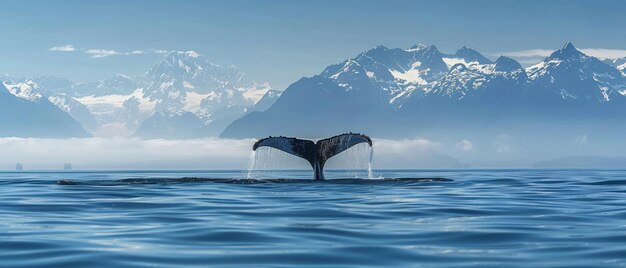 La queue d'une baleine à bosse s'élève au-dessus de l'eau, avec des montagnes majestueuses couvertes de neige au loin.