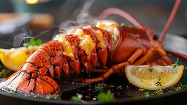 Une queue de homard à la vapeur avec du beurre fondu et des morceaux de citron