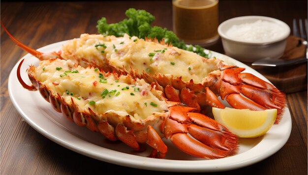 Des queues de homard cuites au four sont servies avec une sauce au beurre d'ail dans le dîner parfait.