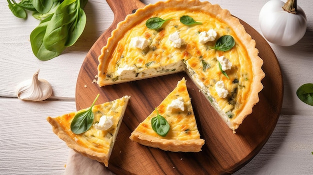 Une quiche sur une planche de bois avec une tranche retirée de celle-ci.