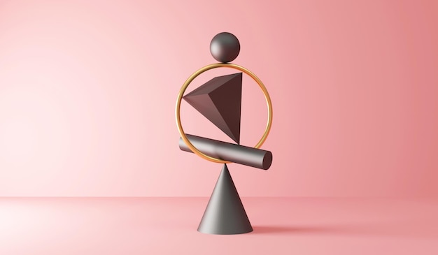 Équilibrage des formes géométriques noires avec un anneau doré sur fond de studio rose