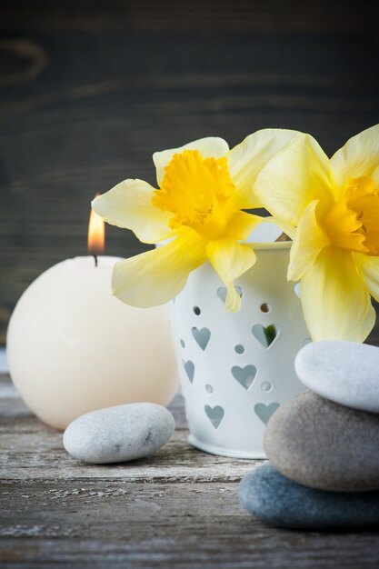 Équilibrer les cailloux et les fleurs jaunes