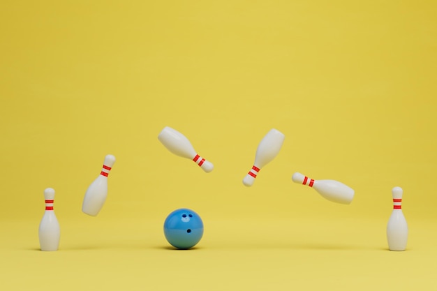 Quilles volant à travers le fond jaune et une boule de bowling bleue rendu 3D