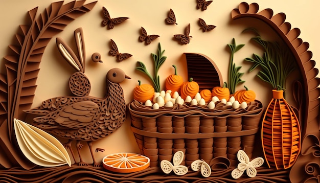 Quilling en papier de Pâques avec lapin, chocolat et carottes