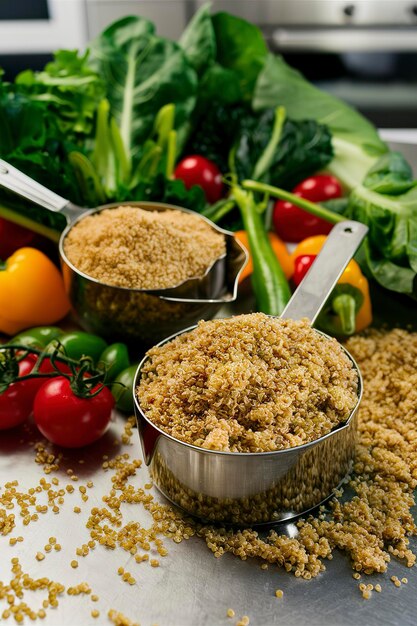 Quinoa sec dans une tasse à mesurer et légumes verts concept de cuisson sans gluten et sain