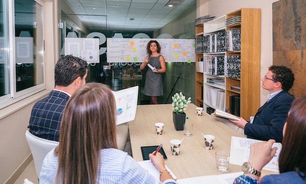 Équipe d'affaires de formation d'entraîneur féminin assis à table avec des documents au siège