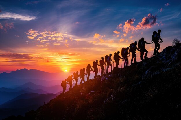 Équipe d'alpinistes atteignant le sommet au coucher du soleil Silhouettes d'un groupe d'Alpinistes s'aidant les uns les autres