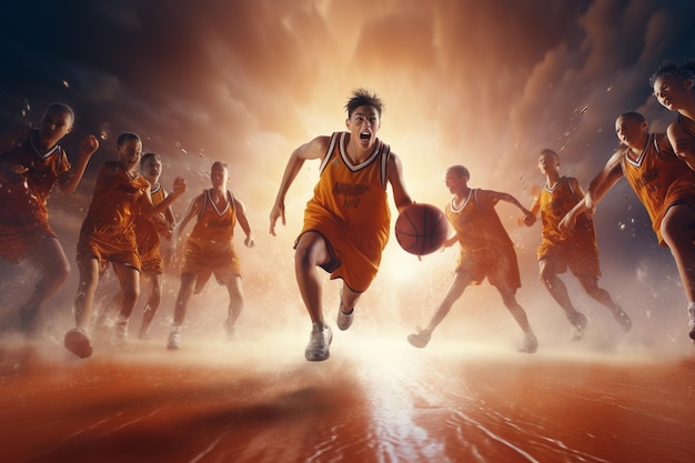 Équipe de basket-ball junior en action sur un bois dur