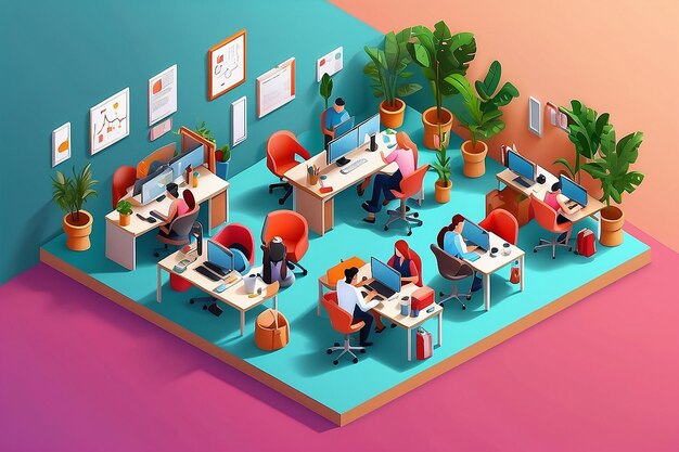 Équipe de bureau d'affaires isométrique Réunion d'équipe d'entreprise Employé, lieu de travail et travail des personnes Stratégie de carrière, conseil ou espace de travail collaboratif Illustration vectorielle 3D Icones isolées