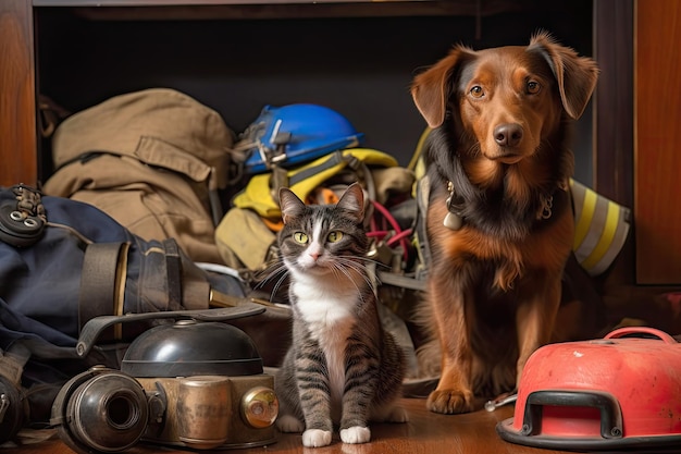 Équipe de chiens et de chats avec équipement de pompiers au milieu d'un incendie créé avec une IA générative