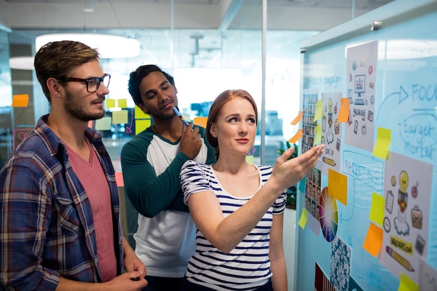 Équipe commerciale créative lisant les notes autocollantes et discutant au bureau