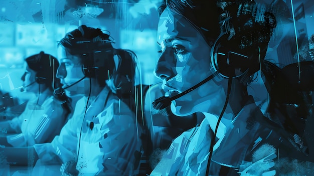 Équipe concentrée dans le centre de commandement surveillant les données sur les écrans professionnel centre de cybersécurité moderne environnement de haute technologie IA