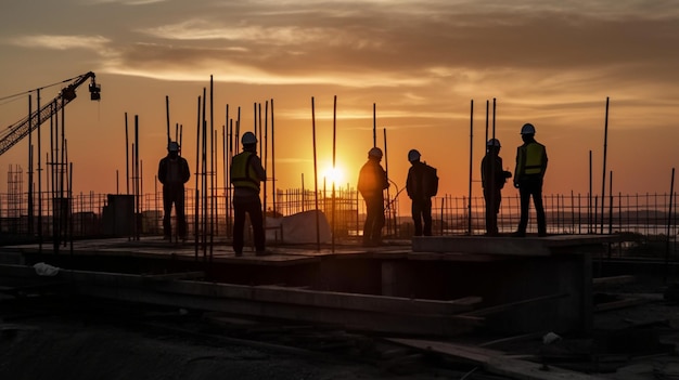 Équipe de construction silhouette coucher de soleil au travail