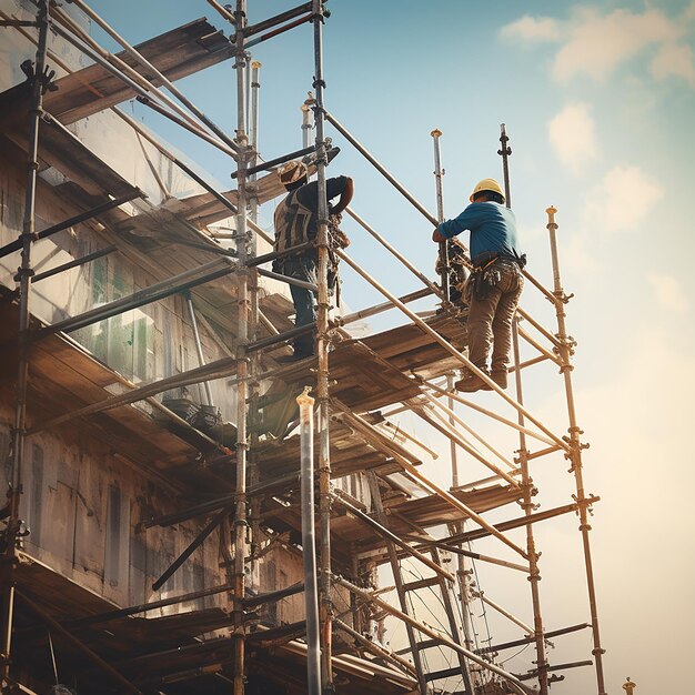 Équipe de construction synchronisée sur échafaudage