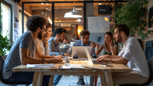 Équipe créative collaborant sur un ordinateur portable dans Office AIG41