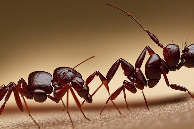 Équipe de fourmis brunes rampant sur le sable l'une après l'autre