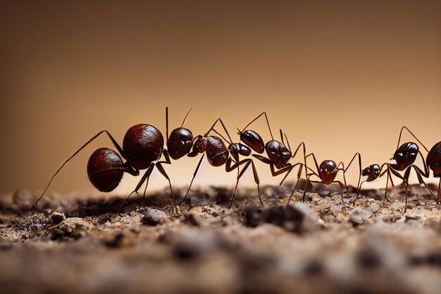 Équipe de fourmis brunes rampant sur le sable l'une après l'autre