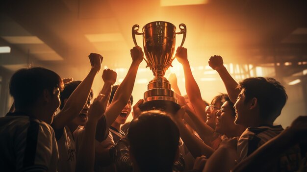 Équipe gagnante avec la coupe du trophée d'or contre le soleil brillant dans le ciel