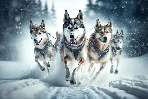 Équipe avec un groupe de chiens de traîneau de huskies qui courent le long d'une route enneigée dans la forêt le jour de l'hiver Sports chiens du nord IA générative