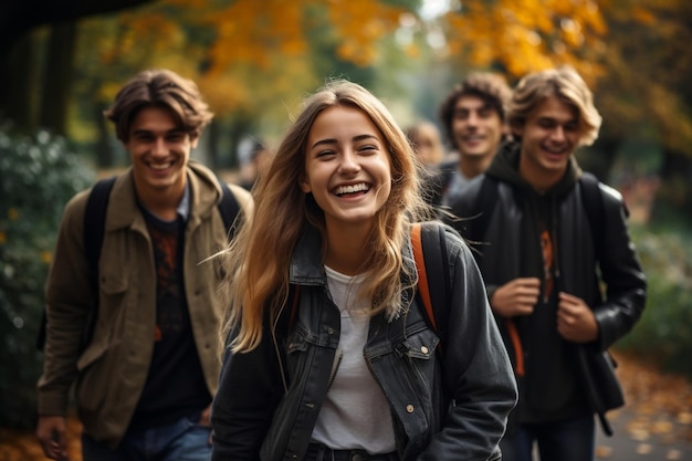 Équipe de jeunes appréciant une promenade dans le parc IA générative