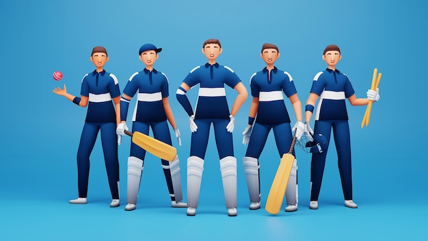 Équipe de joueurs de cricket écossais de rendu 3D avec équipement de tournoi sur fond bleu.