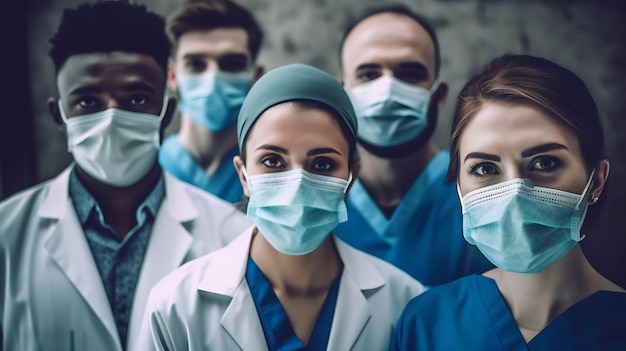 Équipe de médecins professionnels en masque et uniforme regardant le travail de l'hôpital par caméraScréé avec la technologie d'IA générative