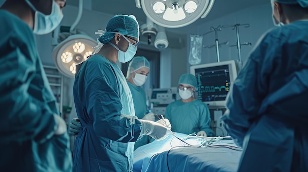 Équipe médicale de chirurgiens à l'hôpital effectuant des interventions chirurgicales mini-invasives Salle d'opération chirurgicale avec équipement d'électrocautère pour centre de chirurgie d'urgence cardiovasculaire