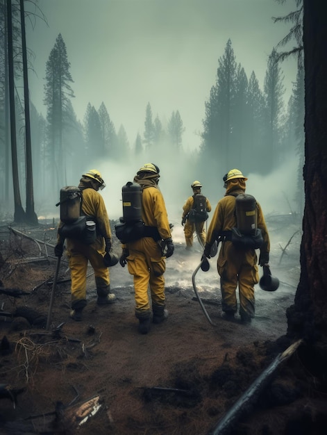 Équipe de pompiers travaillant dans la forêt avec le feu Pompier en tenue de protection Generative AI