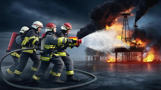 Équipe de pompiers utilisant un extincteur de type brouillard d'eau pour lutter contre la flamme du pipeline pétrolier