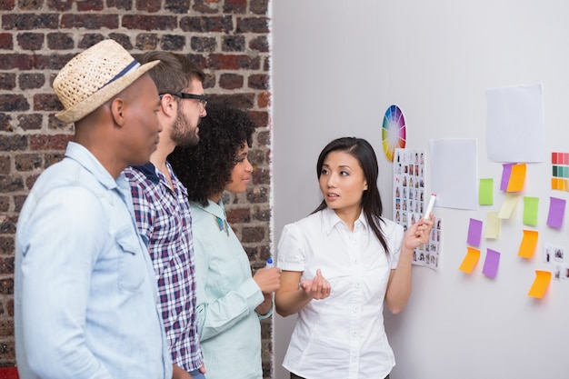 Équipe regardant des notes autocollantes sur le mur