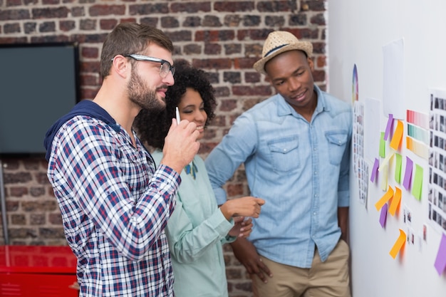 Équipe regardant des notes autocollantes sur le mur