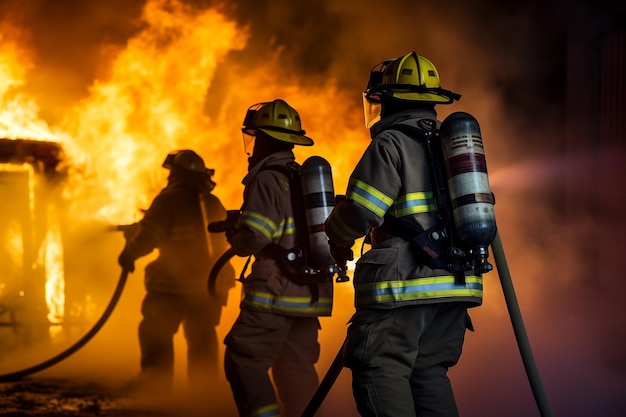 Équipe de sauvetage de pompiers éteignant un incendie avec de l'eau à haute pression provenant d'un tuyau d'incendie